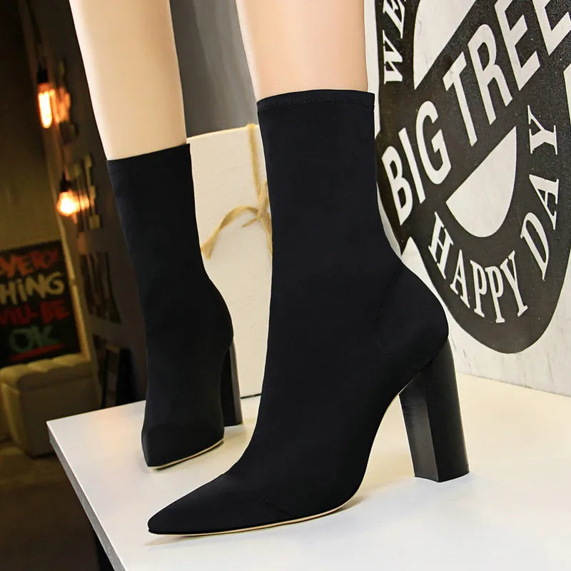 Women Pointed Toe Heel Shoes Winter Knitted Ankle Boots 3364