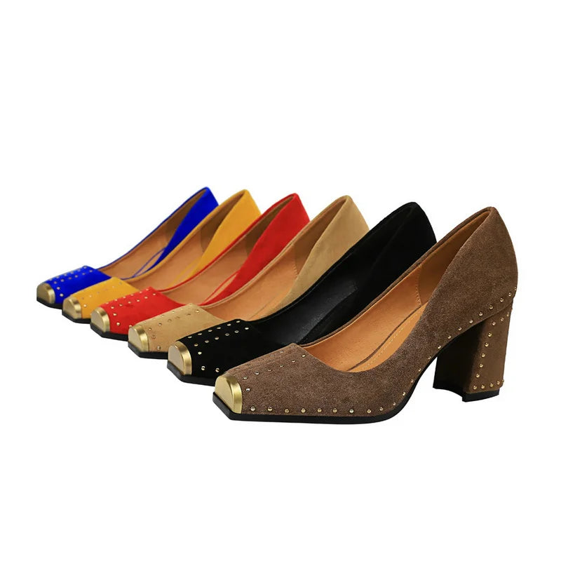 Women's High Heels Shoes Rivet Design Metal Square Toe Pumps 3672-2