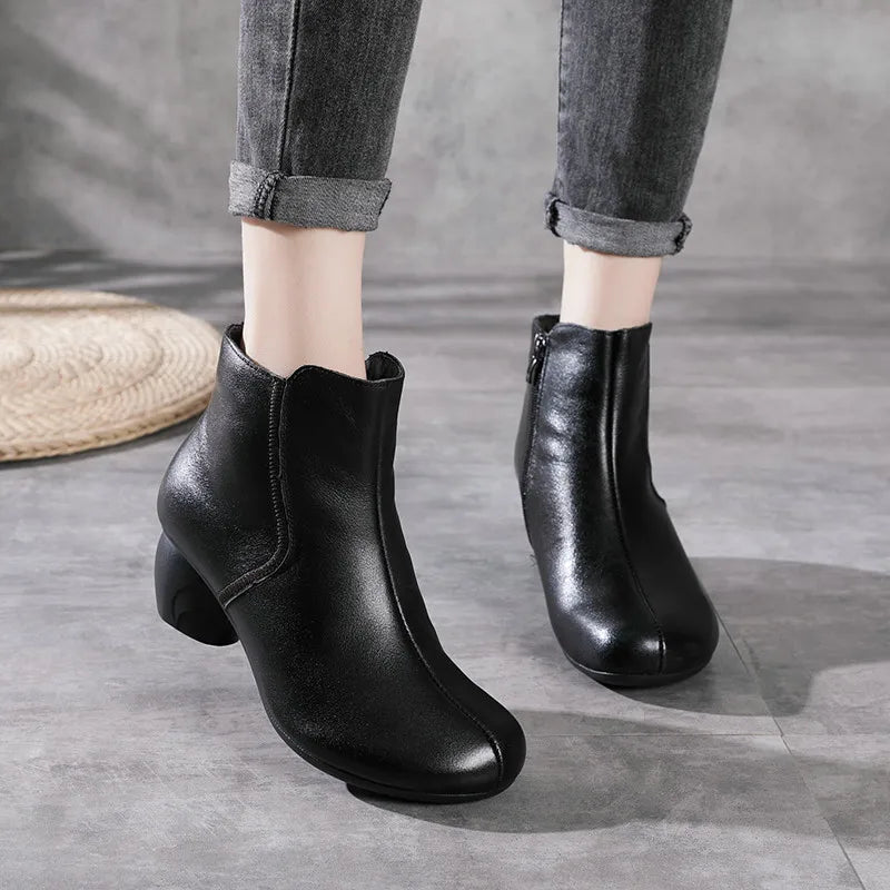 Women Round Heel Side Zipper Design Genuine Leather Ankle Boots 3769