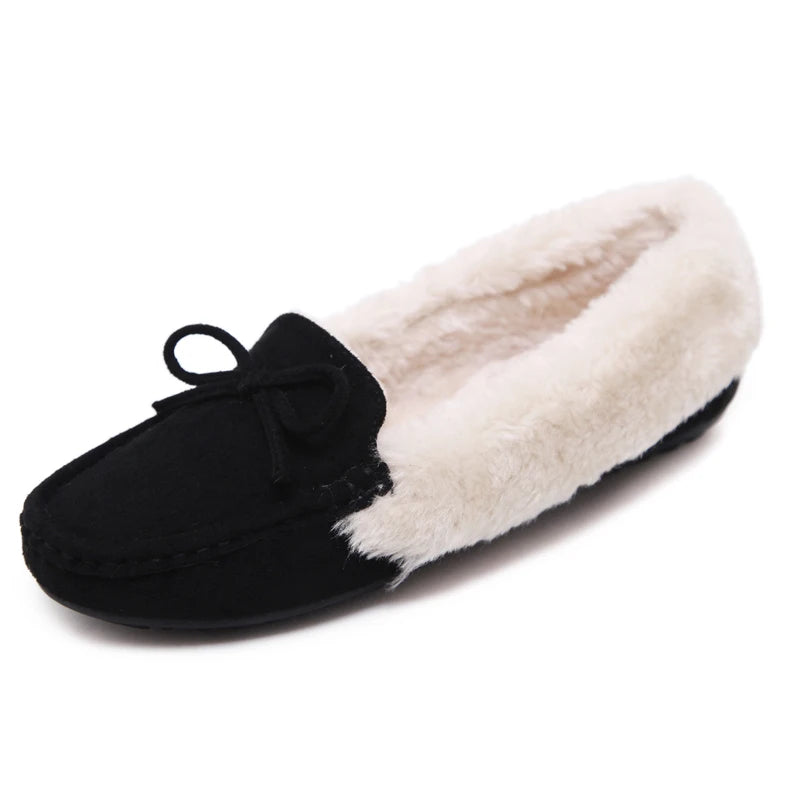 Women Warm Flock Short Plush Cotton Bow Loafers B912