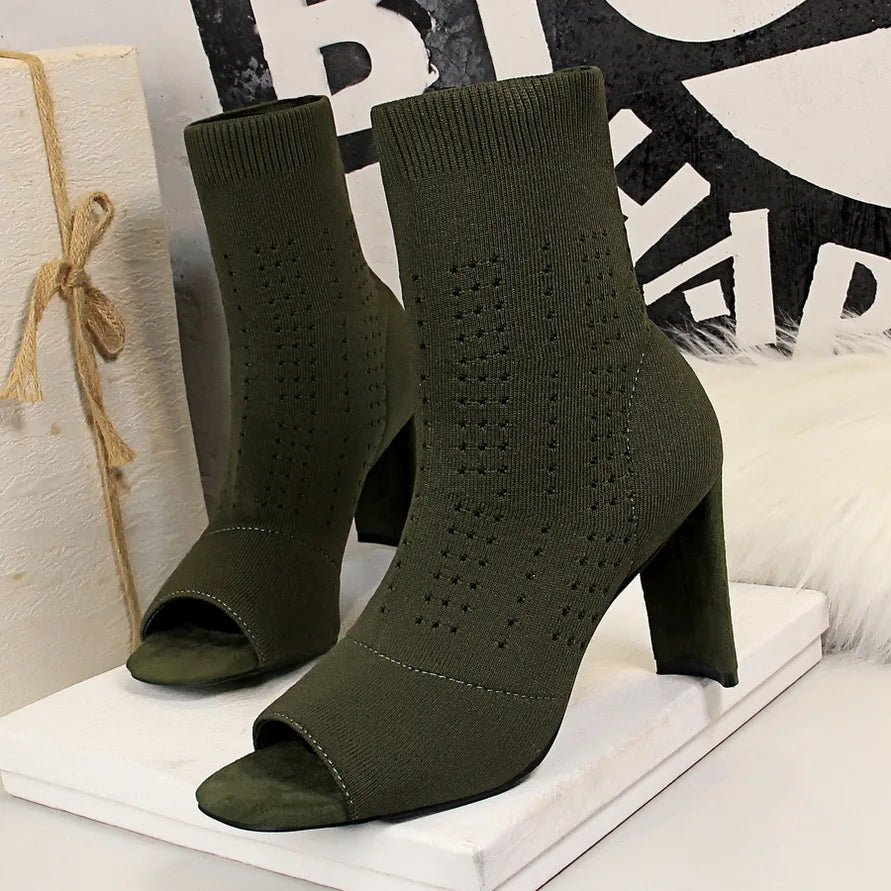 Open Toe Stretch Knit Sock Boots