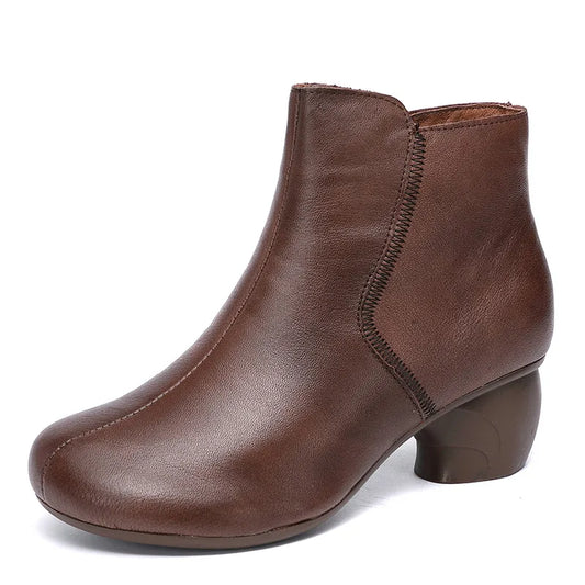 Women Round Heel Side Zipper Design Genuine Leather Ankle Boots 3769