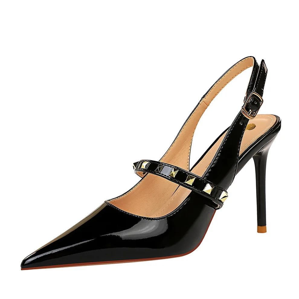 Women Hollow Back Trip Belt Design High Heel Shoes 3326