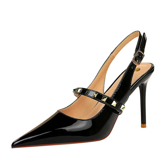 Women Hollow Back Trip Belt Design High Heel Shoes 3326