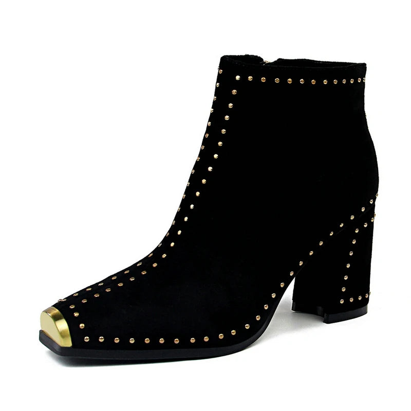 Women's Square Toe High Heels Riveted Boots