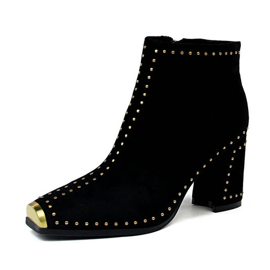 Women's Square Toe High Heels Riveted Boots