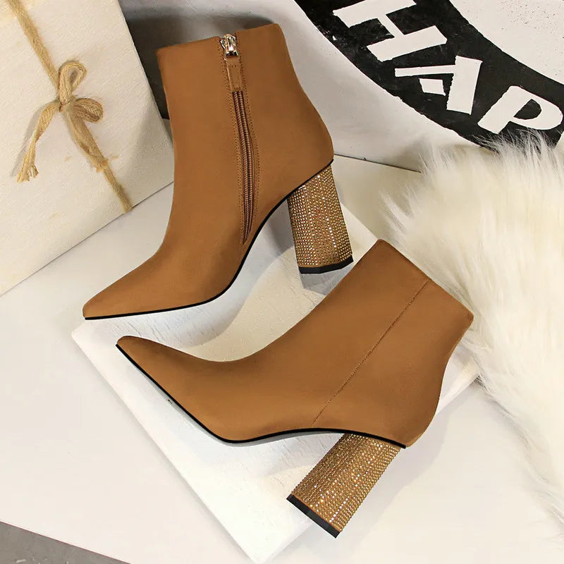 Women Pointed Toe High Heel Ankle Boots 9654-2