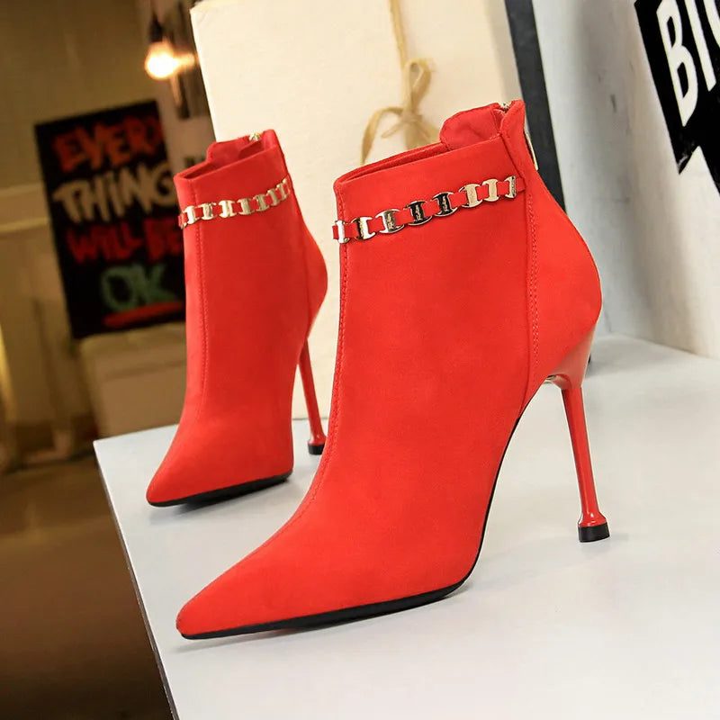 Women Ankle Length Flock Boots Pointed Toe Heel Boots 3622