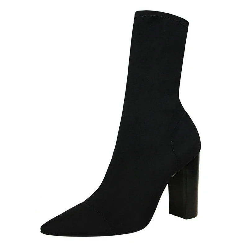 Women Pointed Toe Heel Shoes Winter Knitted Ankle Boots 3364