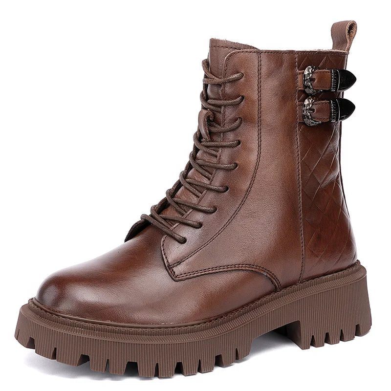 Women Round Toe Side Zipper Design Genuine Leather Ankle Boots 1316-3