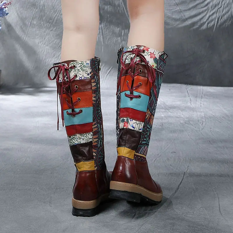 Women Embroidered Lace Up Genuine Leather Tall Boots