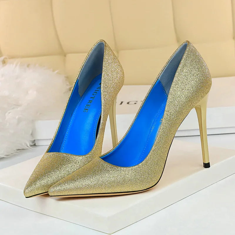 Women High Heel Sequined Cloth Pointed Toe Pumps 6755-1