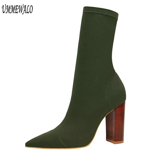 Women Pointed Toe Heel Shoes Winter Knitted Ankle Boots 3364