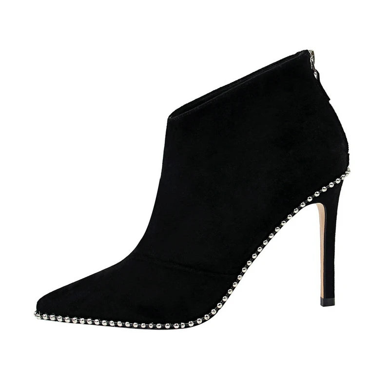 Women Rivet Design Pointed Toe High Ankle Boots 6235