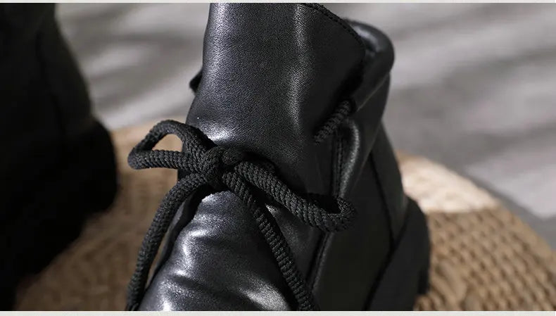 Women Round Toe Genuine Leather Lace Up Platform Boots 3672