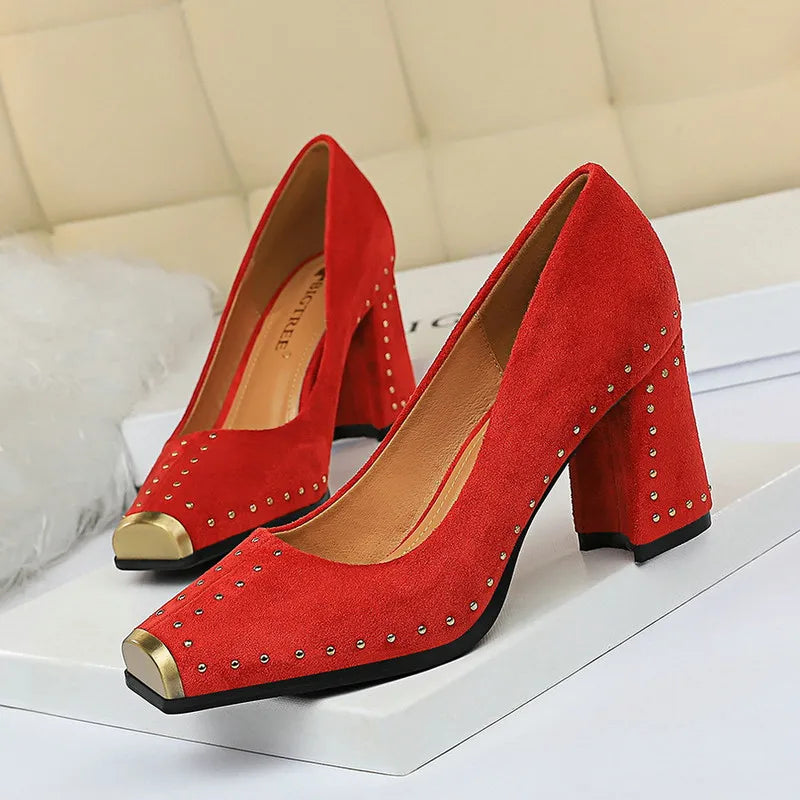 Women's High Heels Shoes Rivet Design Metal Square Toe Pumps
