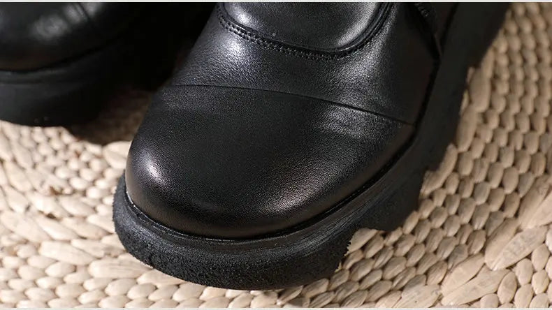 Women Round Toe Genuine Leather Lace Up Platform Boots 3672