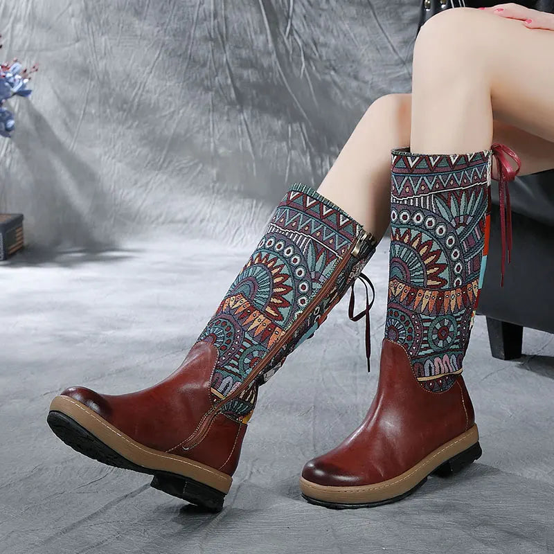 Women Embroidered Lace Up Genuine Leather Tall Boots