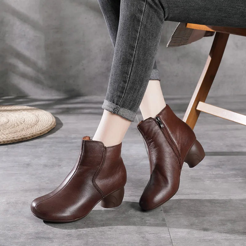 Women Round Heel Side Zipper Design Genuine Leather Ankle Boots 3769