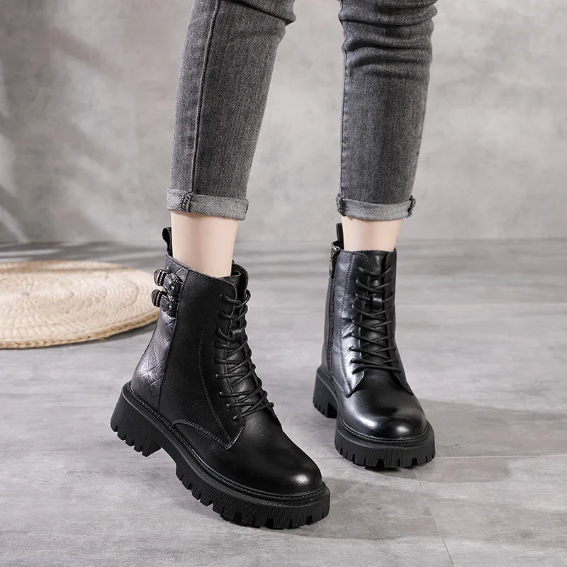 Women Round Toe Side Zipper Design Genuine Leather Ankle Boots 1316-3