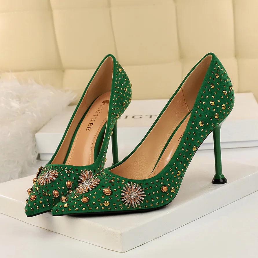 Women Flock Metal Decorative Rhinestone Design Pointed Toe Pumps 2467-1