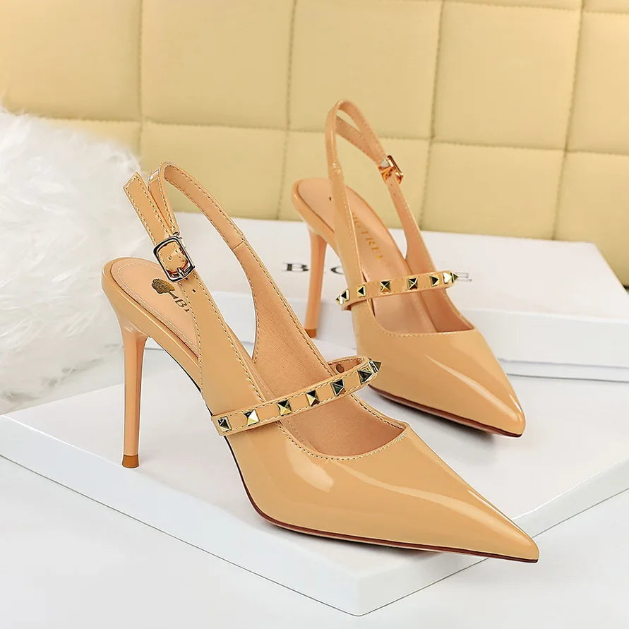 Women Hollow Back Trip Belt Design High Heel Shoes 3326