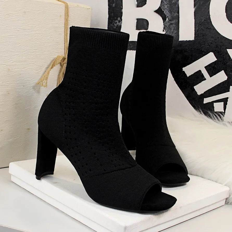 Open Toe Stretch Knit Sock Boots