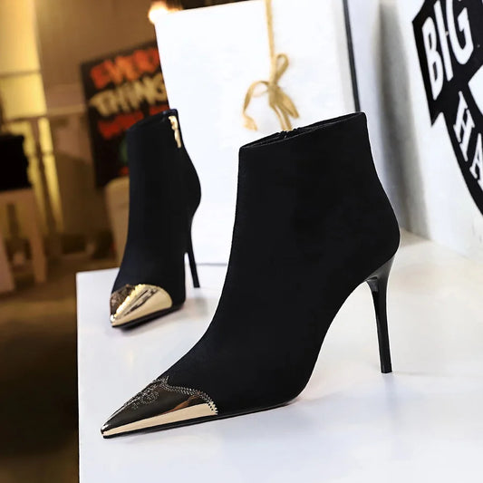 Women Suede Leather Thin Heels Ankle Boots 173-1