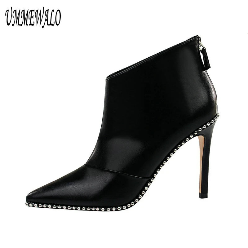 Women Rivet Design Pointed Toe High Ankle Boots 6235