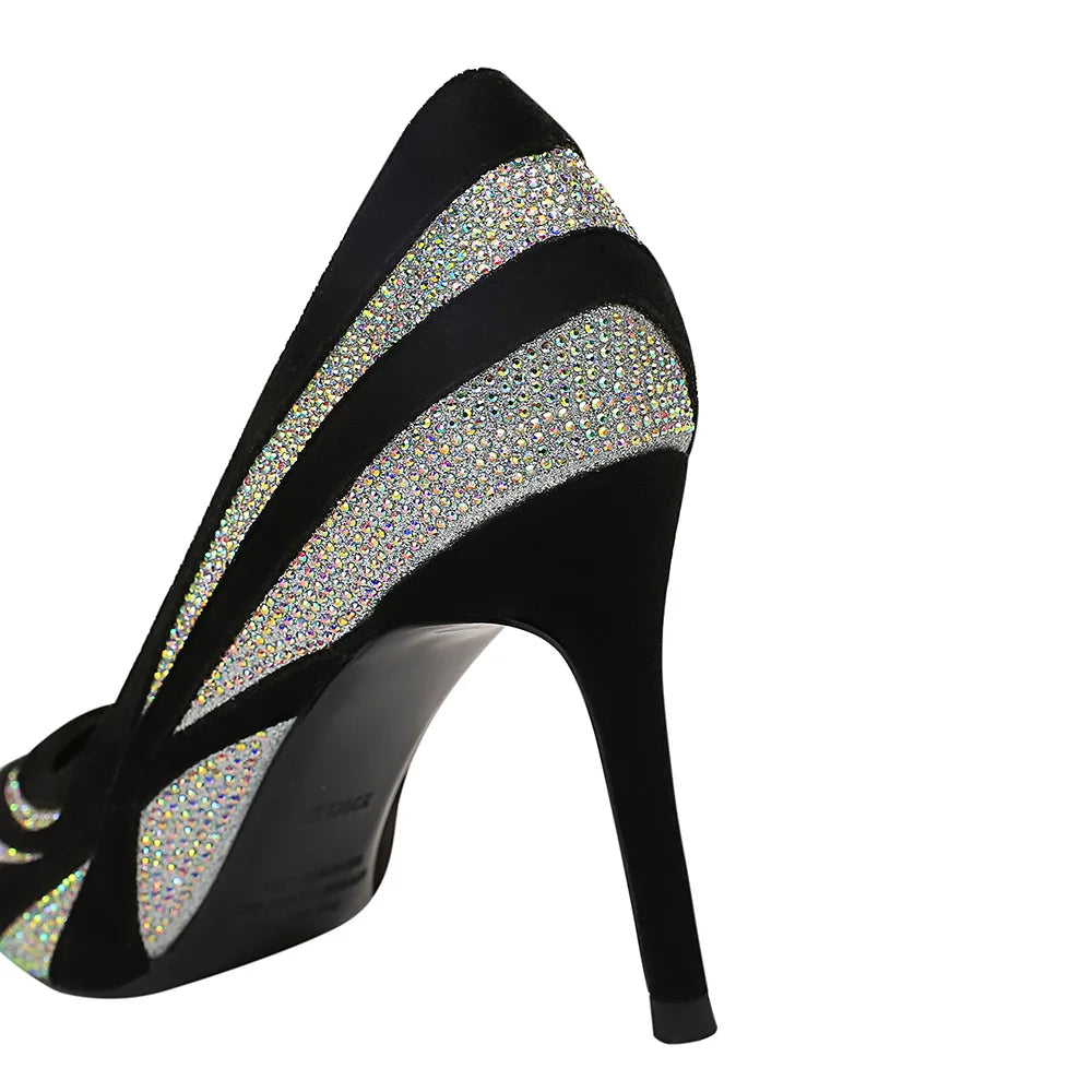 Women Black High Heels Shoes Flock Pointed Toe Pumps 3462
