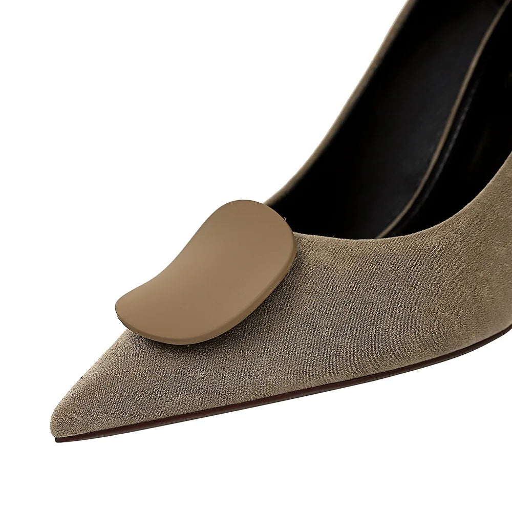 Women Flock High Heels Shoes Solid Color Pointed Toe Pumps