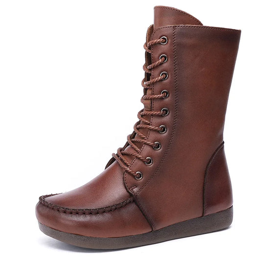Women Lace Up Medium Top Genuine Leather Boots 3766