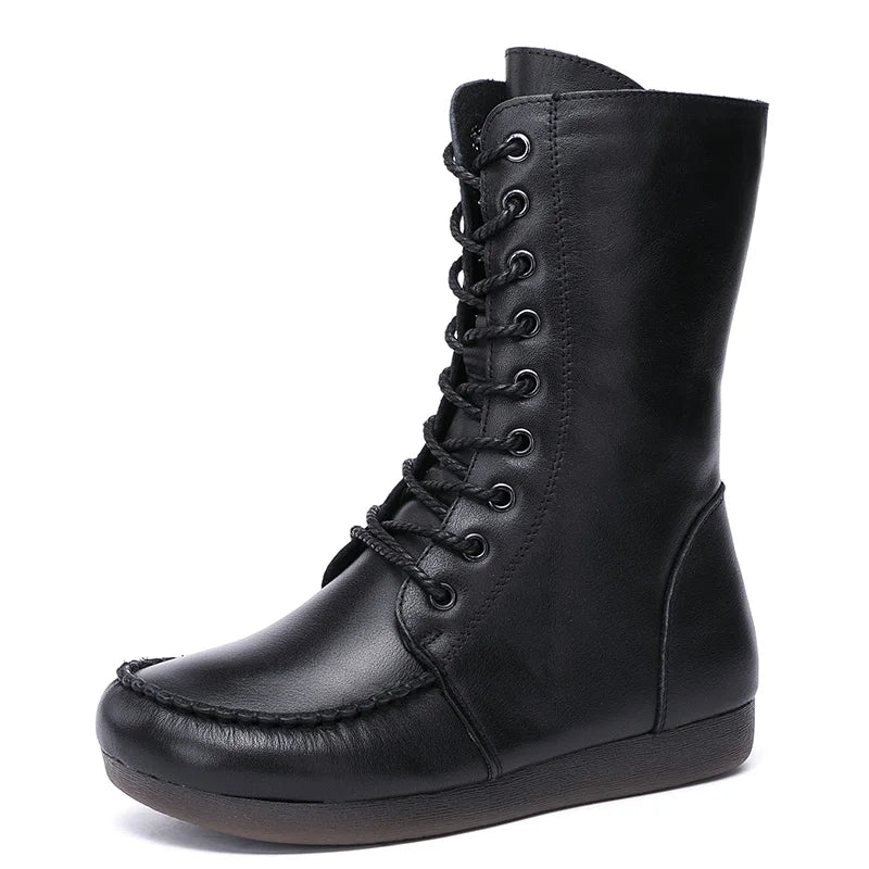 Women Lace Up Medium Top Genuine Leather Boots 3766