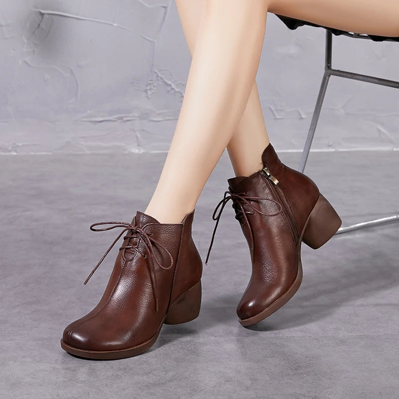 women Thick Heel Lace Up Genuine Leather Ankle Boots 3961
