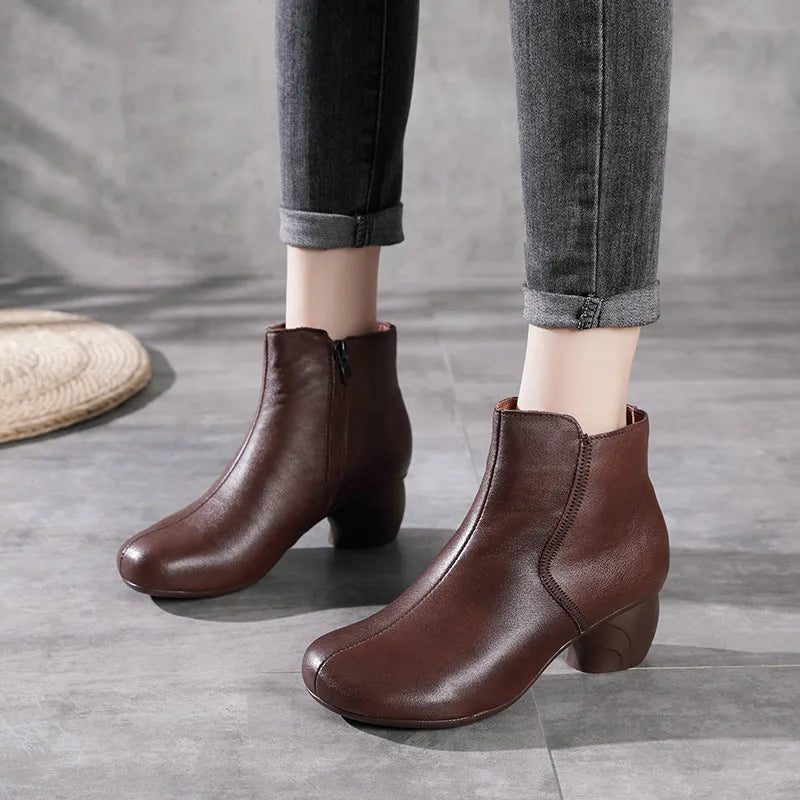 Women Round Heel Side Zipper Design Genuine Leather Ankle Boots 3769