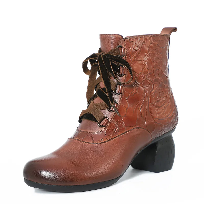 Women Floral Embossed Thick Heel Boots 3567