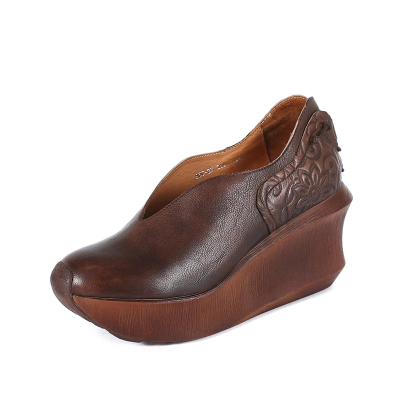 Women Slip On Thick Heel Platform Shoes Genuine Leather Wedges 3621-6