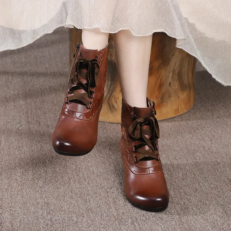 Women Floral Embossed Thick Heel Boots 3567