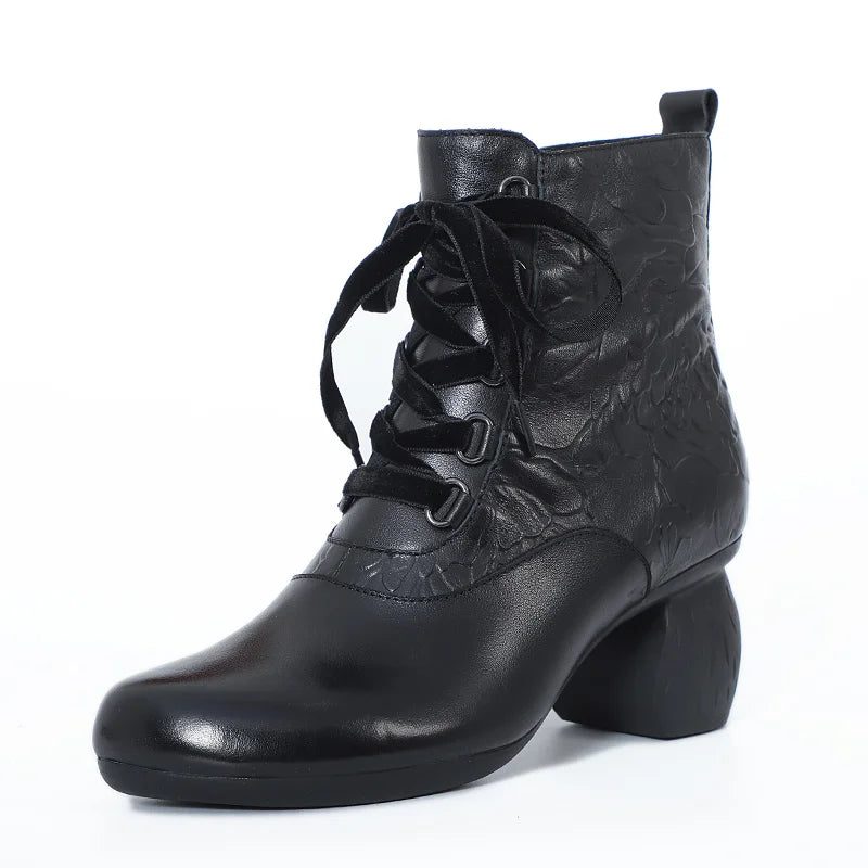 Women Floral Embossed Thick Heel Boots 3567
