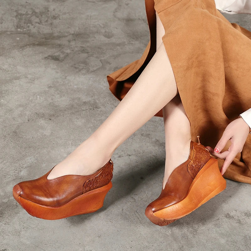 Women Slip On Thick Heel Platform Shoes Genuine Leather Wedges 3621-6