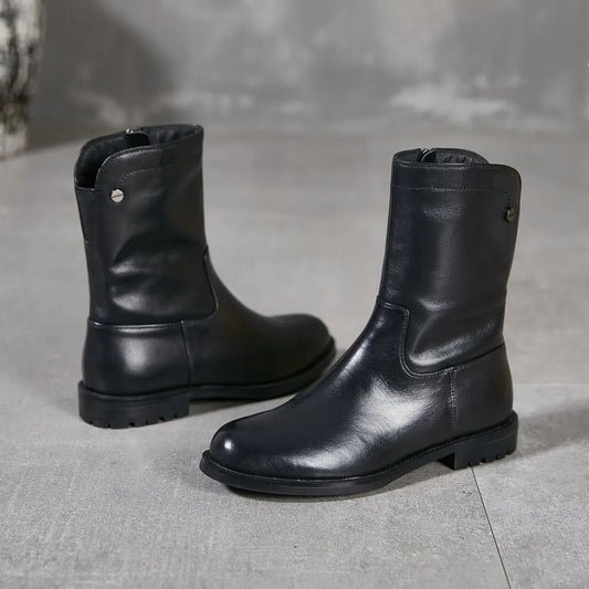 Women Black Genuine Leather Short Boots 3625-1