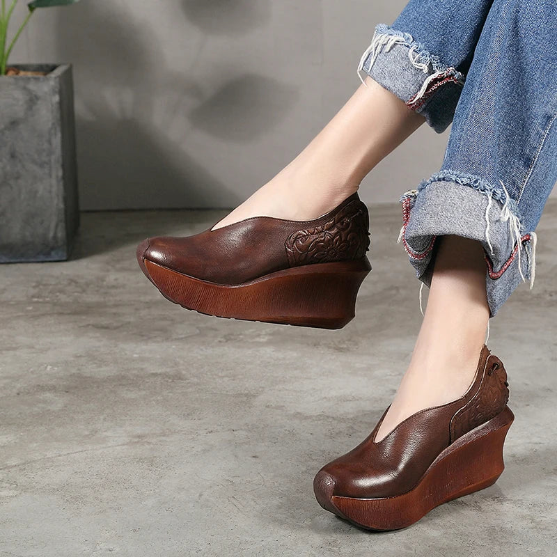Women Slip On Thick Heel Platform Shoes Genuine Leather Wedges 3621-6