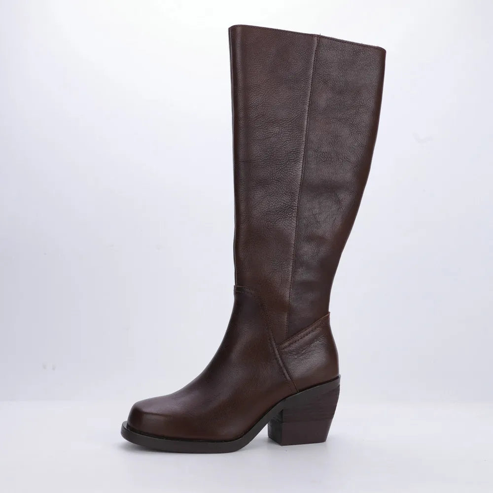 Women's Round Toe Thick Heel Genuine Leather Tall Boots 3561