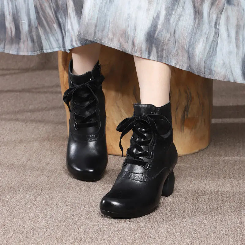 Women Floral Embossed Thick Heel Boots 3567