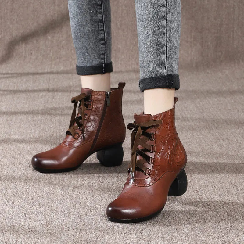 Women Floral Embossed Thick Heel Boots 3567