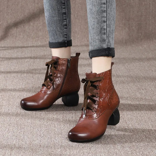 Women Floral Embossed Thick Heel Boots 3567