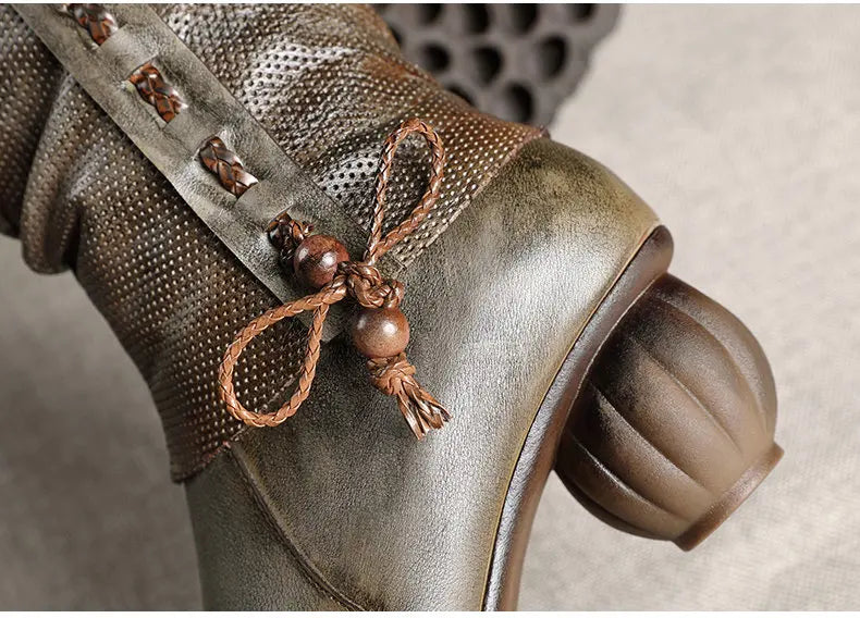 women Retro Genuine Leather Thick Heel Boots 3288