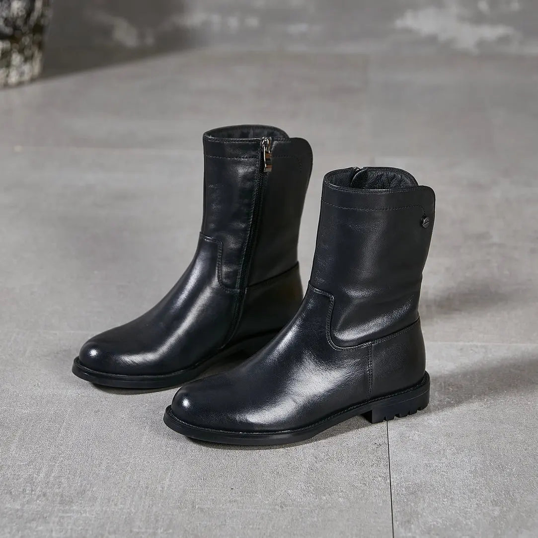 Women Black Genuine Leather Short Boots 3625-1