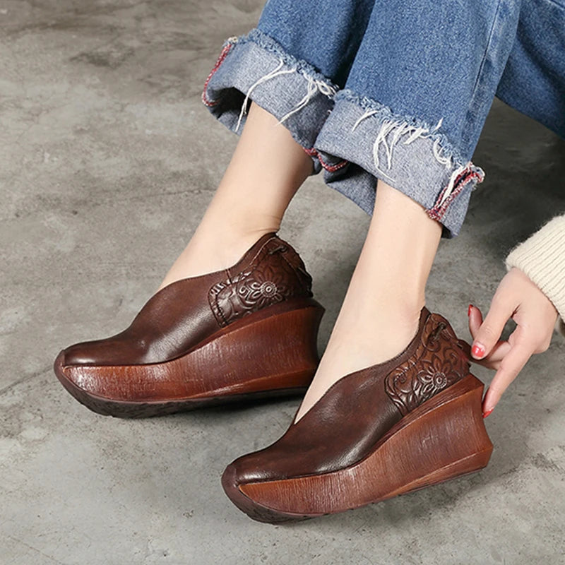 Women Slip On Thick Heel Platform Shoes Genuine Leather Wedges 3621-6