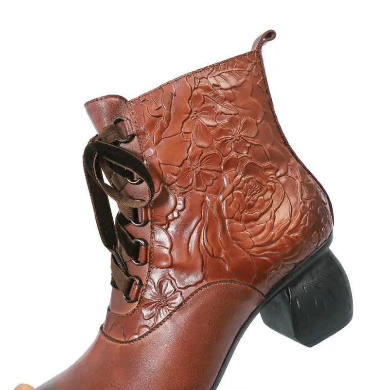 Women Floral Embossed Thick Heel Boots 3567